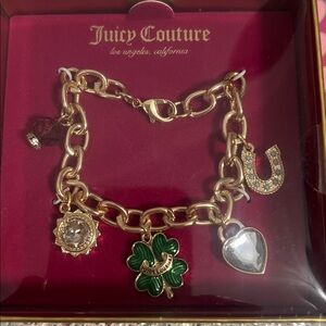 Juicy Couture Gold-Tone Charm Bracelet with Green Enamel Clover and Red Crystal